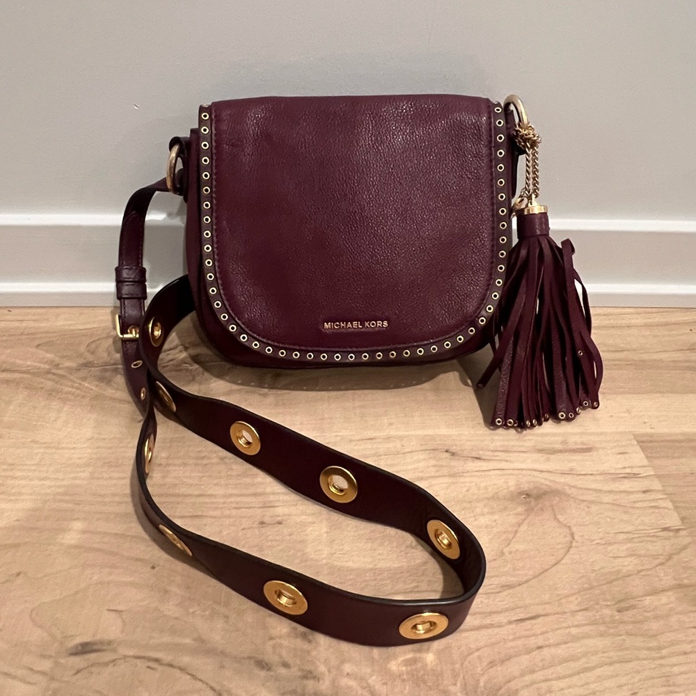 Michael Kors Brooklyn Medium Leather Saddle Crossbody Bag Plum Gold Accents